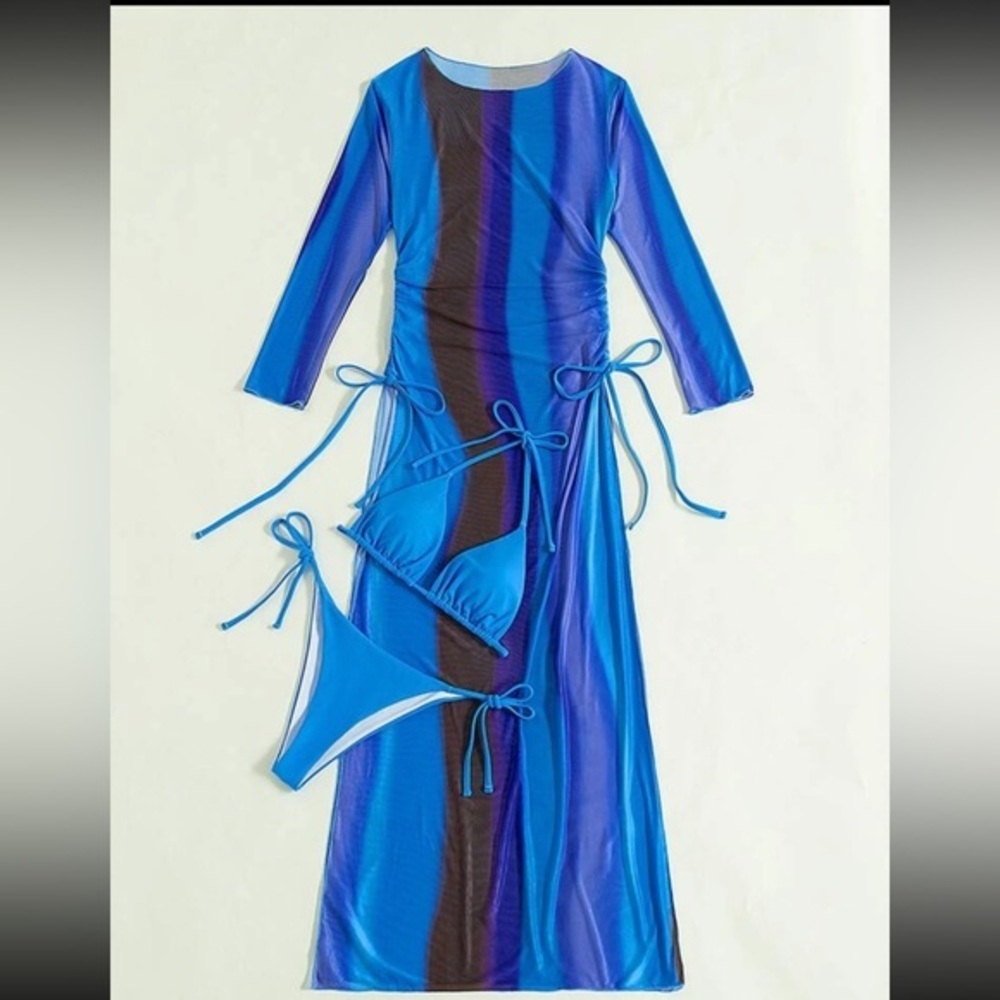 Stylish Blue Bikini Set with Cover-Up